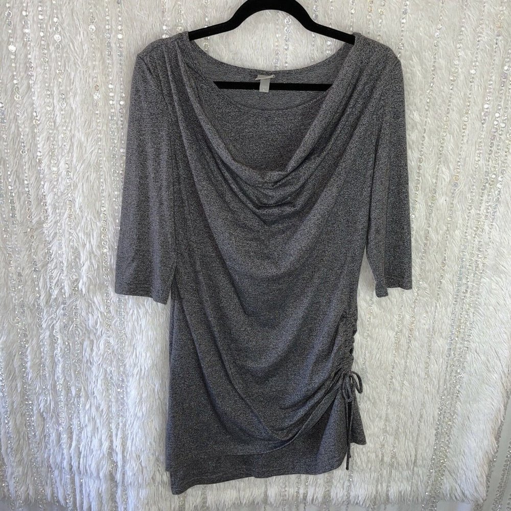 Bench Sports Tunic Mini Dress LARGE Gray Drape Neck 2 Layer Drawstring Tie Side